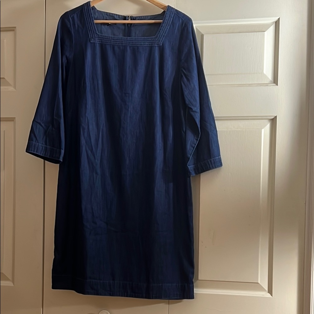 Talbots Denim Blue Square Neckline Back Zipper Lightweight 100% Cotton Dress